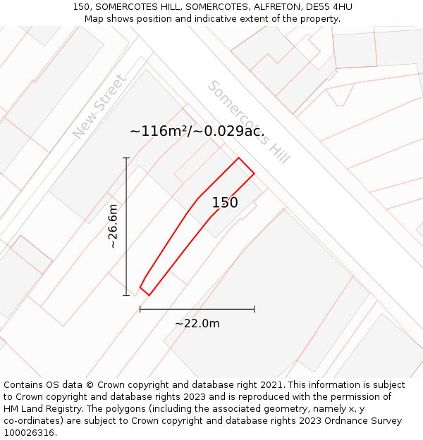150, SOMERCOTES HILL, SOMERCOTES, ALFRETON, DE55 4HU: Plot and title map