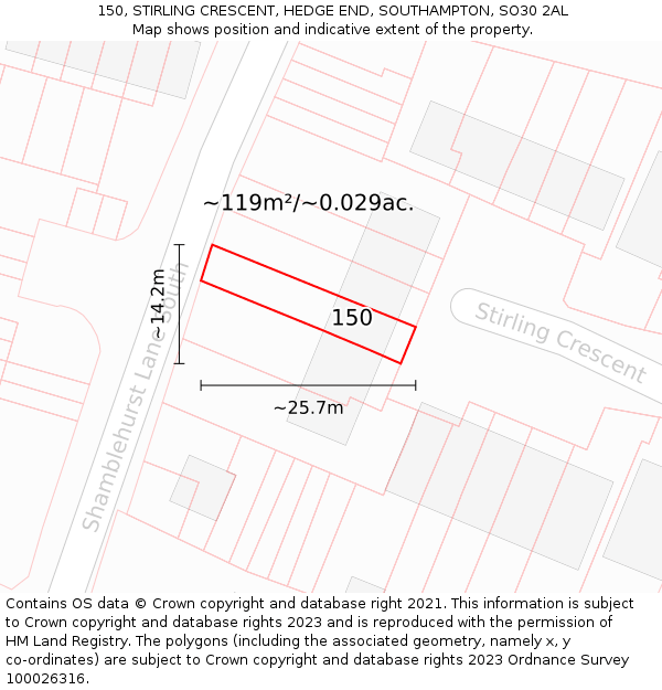 150, STIRLING CRESCENT, HEDGE END, SOUTHAMPTON, SO30 2AL: Plot and title map