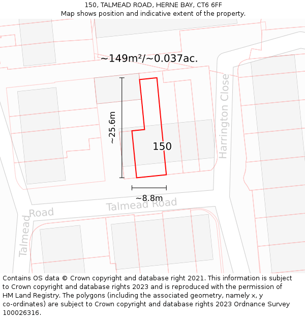 150, TALMEAD ROAD, HERNE BAY, CT6 6FF: Plot and title map