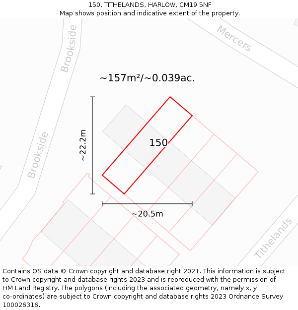 150, TITHELANDS, HARLOW, CM19 5NF: Plot and title map