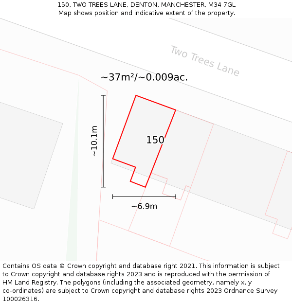 150, TWO TREES LANE, DENTON, MANCHESTER, M34 7GL: Plot and title map