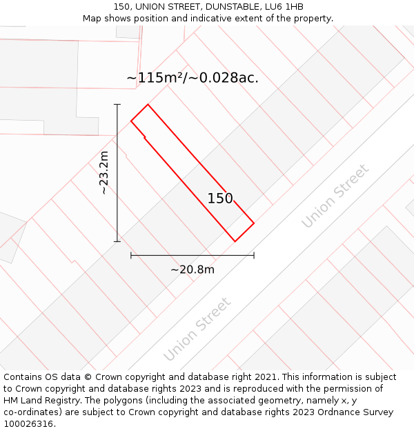 150, UNION STREET, DUNSTABLE, LU6 1HB: Plot and title map
