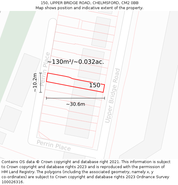 150, UPPER BRIDGE ROAD, CHELMSFORD, CM2 0BB: Plot and title map