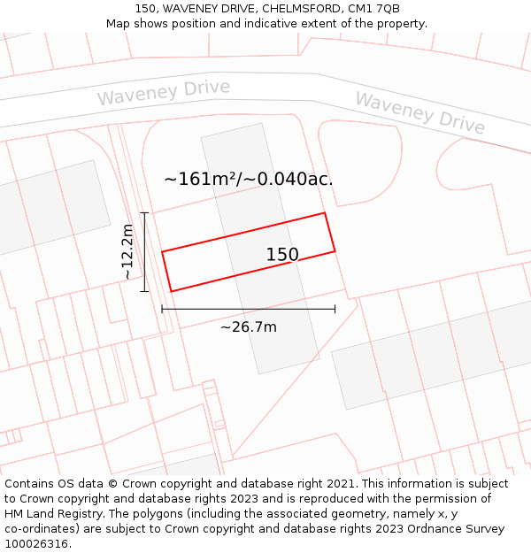 150, WAVENEY DRIVE, CHELMSFORD, CM1 7QB: Plot and title map