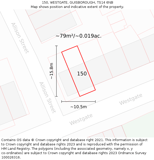 150, WESTGATE, GUISBOROUGH, TS14 6NB: Plot and title map