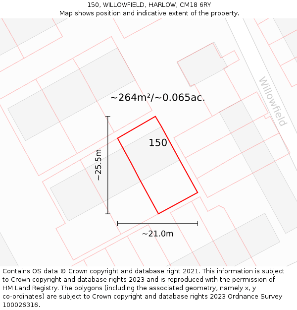 150, WILLOWFIELD, HARLOW, CM18 6RY: Plot and title map