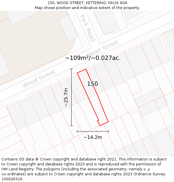 150, WOOD STREET, KETTERING, NN16 9SA: Plot and title map
