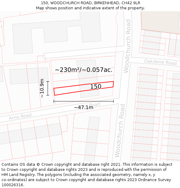 150, WOODCHURCH ROAD, BIRKENHEAD, CH42 9LR: Plot and title map