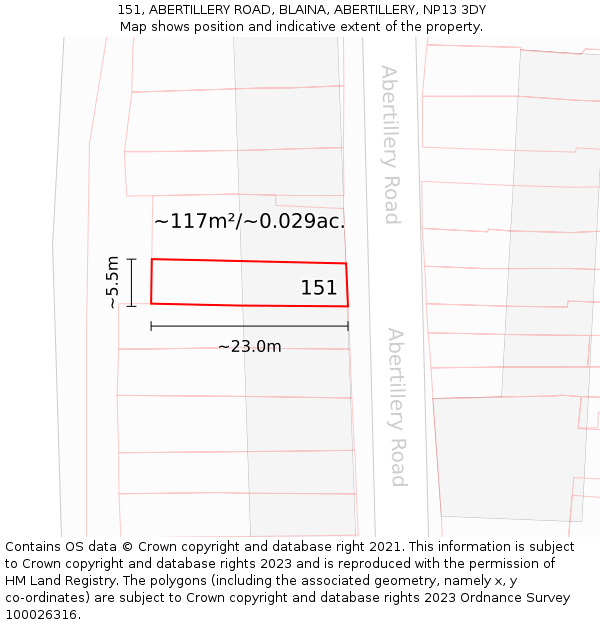 151, ABERTILLERY ROAD, BLAINA, ABERTILLERY, NP13 3DY: Plot and title map