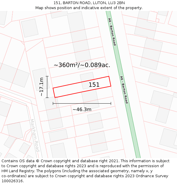 151, BARTON ROAD, LUTON, LU3 2BN: Plot and title map