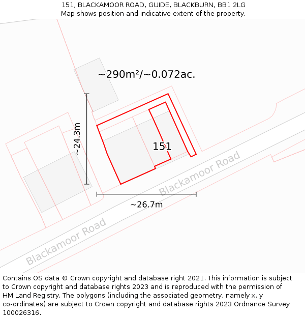 151, BLACKAMOOR ROAD, GUIDE, BLACKBURN, BB1 2LG: Plot and title map