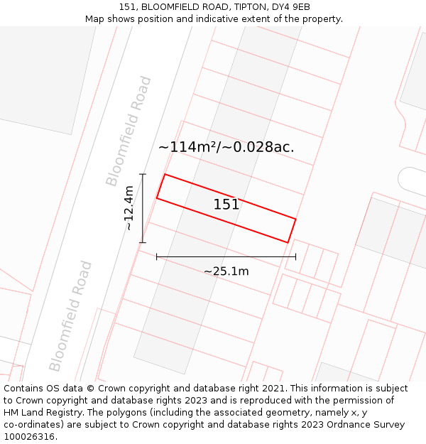 151, BLOOMFIELD ROAD, TIPTON, DY4 9EB: Plot and title map