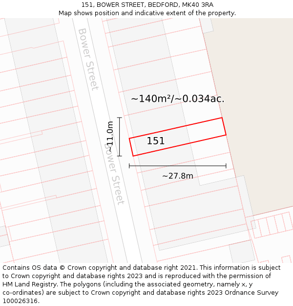 151, BOWER STREET, BEDFORD, MK40 3RA: Plot and title map