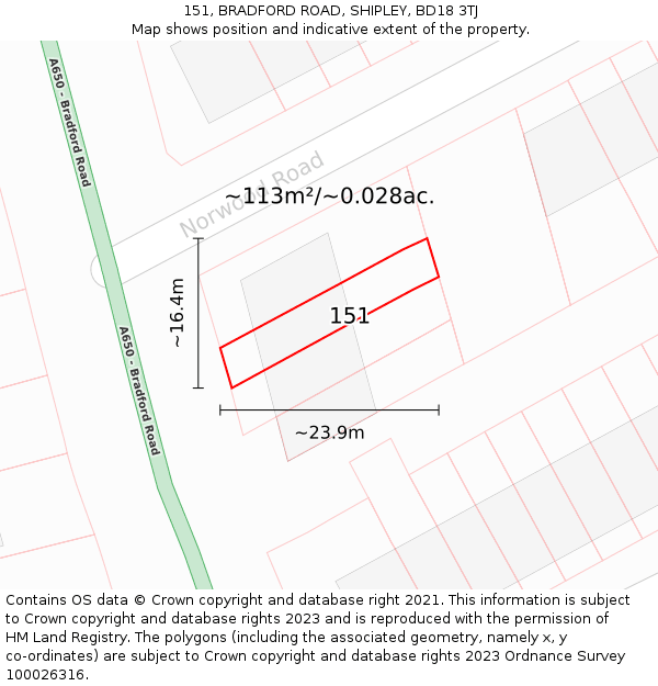 151, BRADFORD ROAD, SHIPLEY, BD18 3TJ: Plot and title map