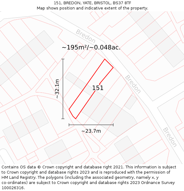 151, BREDON, YATE, BRISTOL, BS37 8TF: Plot and title map
