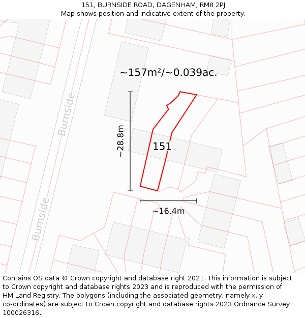 151, BURNSIDE ROAD, DAGENHAM, RM8 2PJ: Plot and title map