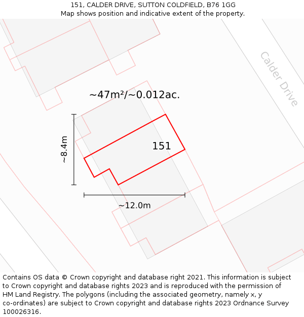 151, CALDER DRIVE, SUTTON COLDFIELD, B76 1GG: Plot and title map
