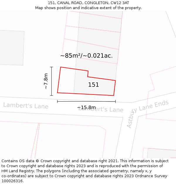 151, CANAL ROAD, CONGLETON, CW12 3AT: Plot and title map