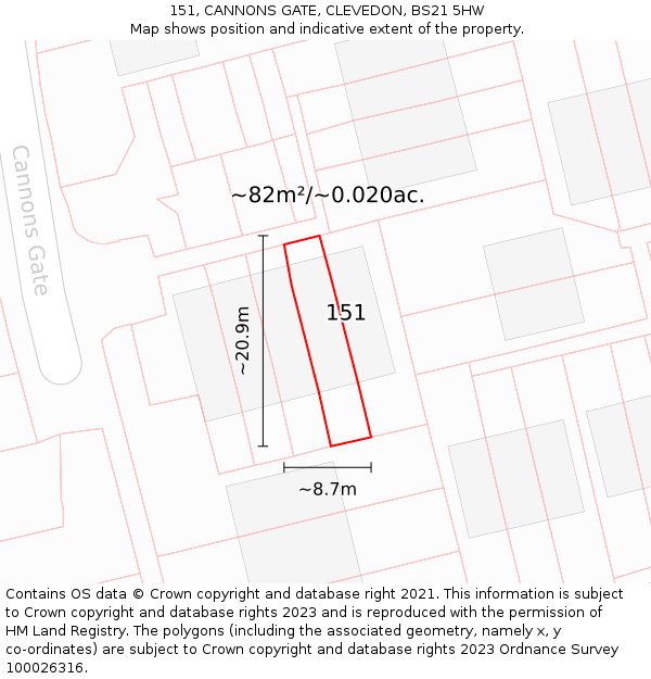151, CANNONS GATE, CLEVEDON, BS21 5HW: Plot and title map
