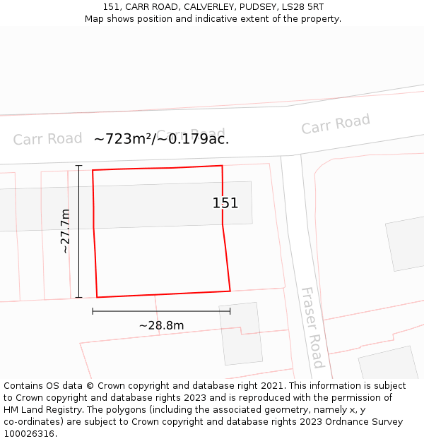 151, CARR ROAD, CALVERLEY, PUDSEY, LS28 5RT: Plot and title map