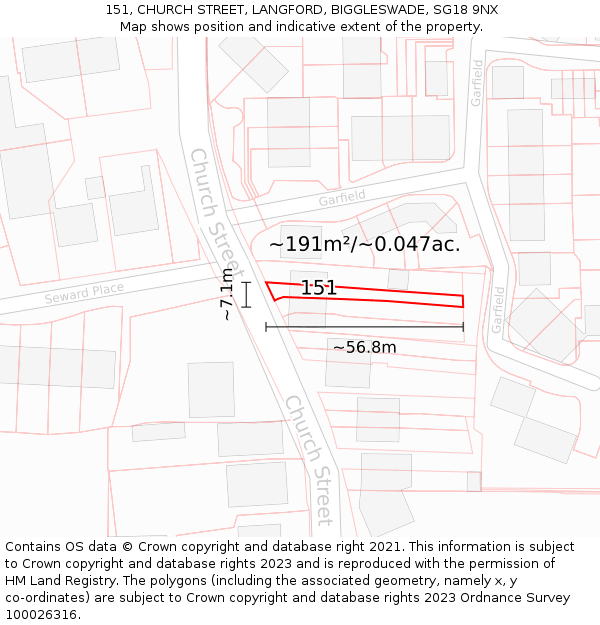 151, CHURCH STREET, LANGFORD, BIGGLESWADE, SG18 9NX: Plot and title map