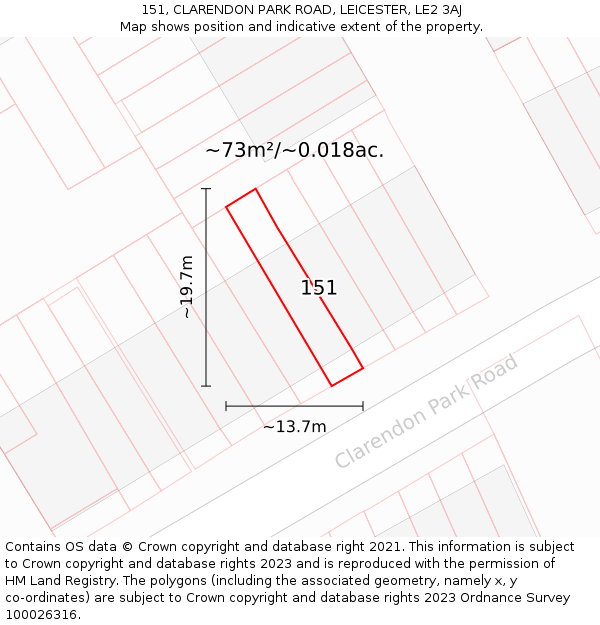 151, CLARENDON PARK ROAD, LEICESTER, LE2 3AJ: Plot and title map