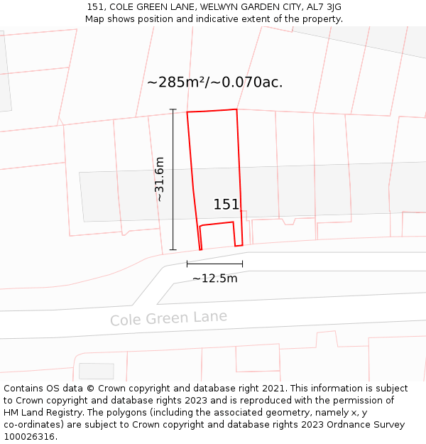 151, COLE GREEN LANE, WELWYN GARDEN CITY, AL7 3JG: Plot and title map