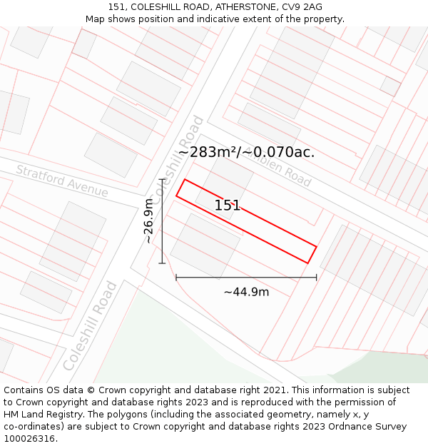 151, COLESHILL ROAD, ATHERSTONE, CV9 2AG: Plot and title map