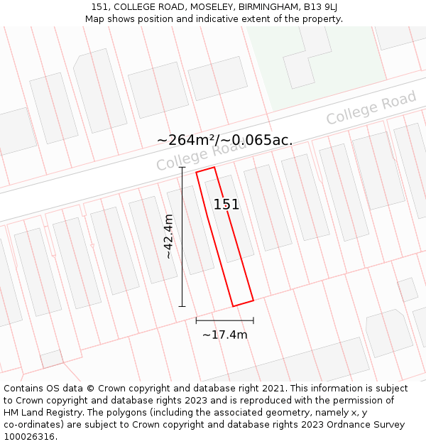 151, COLLEGE ROAD, MOSELEY, BIRMINGHAM, B13 9LJ: Plot and title map