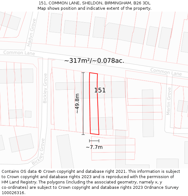 151, COMMON LANE, SHELDON, BIRMINGHAM, B26 3DL: Plot and title map
