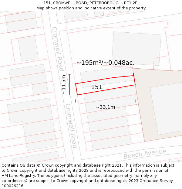 151, CROMWELL ROAD, PETERBOROUGH, PE1 2EL: Plot and title map
