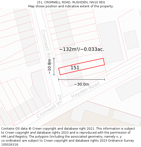 151, CROMWELL ROAD, RUSHDEN, NN10 0EG: Plot and title map