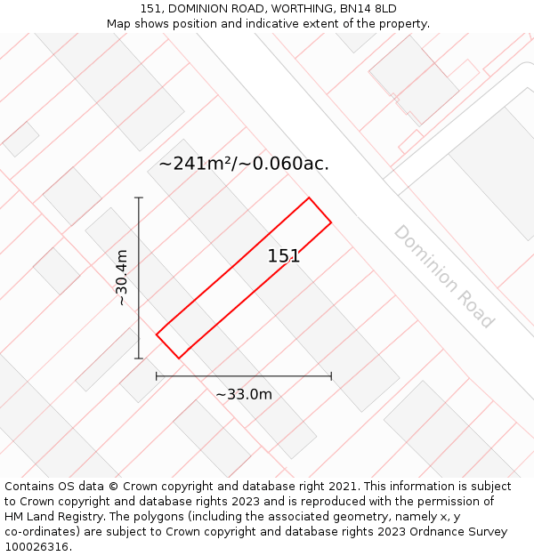 151, DOMINION ROAD, WORTHING, BN14 8LD: Plot and title map