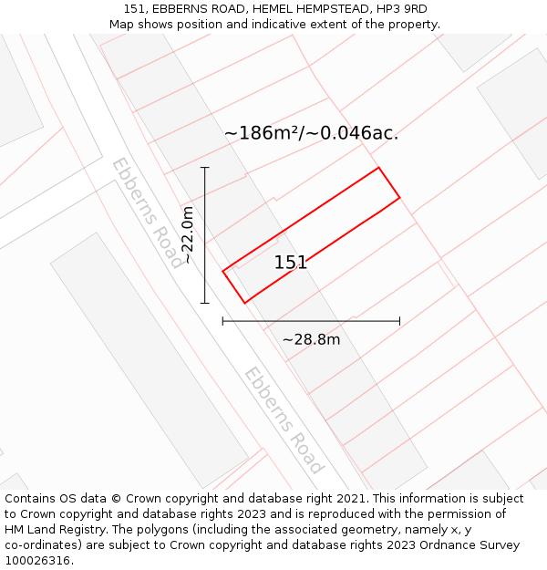 151, EBBERNS ROAD, HEMEL HEMPSTEAD, HP3 9RD: Plot and title map