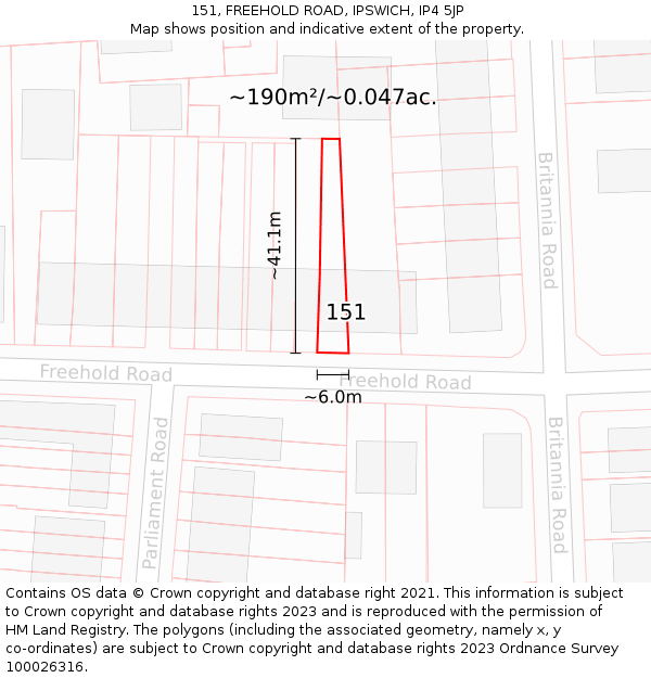 151, FREEHOLD ROAD, IPSWICH, IP4 5JP: Plot and title map
