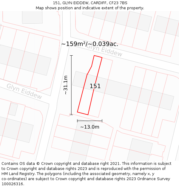 151, GLYN EIDDEW, CARDIFF, CF23 7BS: Plot and title map