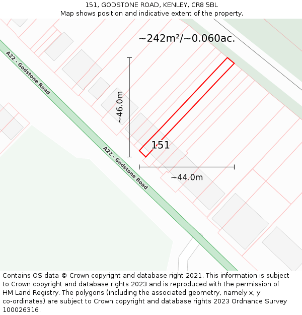 151, GODSTONE ROAD, KENLEY, CR8 5BL: Plot and title map