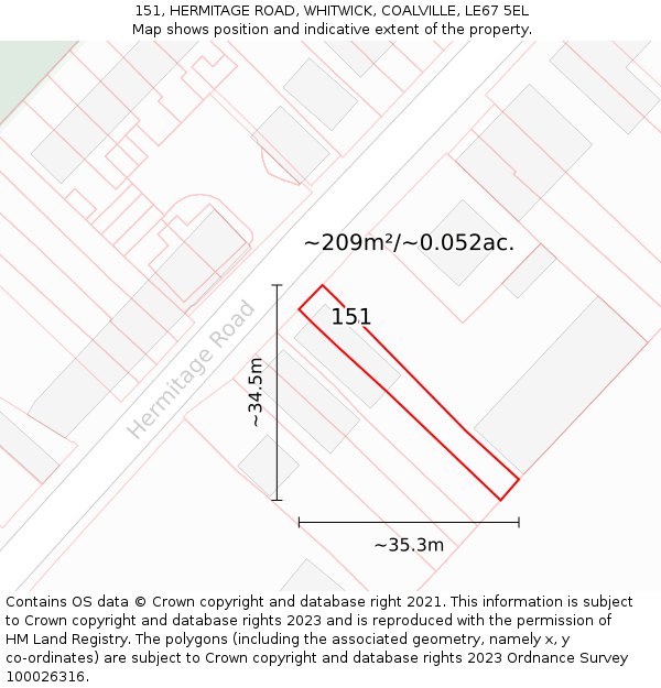 151, HERMITAGE ROAD, WHITWICK, COALVILLE, LE67 5EL: Plot and title map