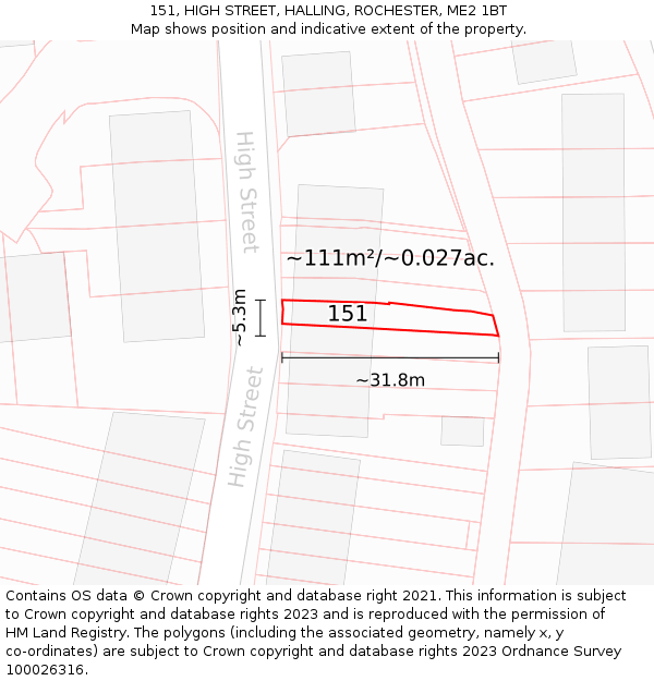151, HIGH STREET, HALLING, ROCHESTER, ME2 1BT: Plot and title map