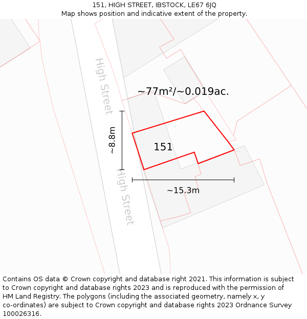 151, HIGH STREET, IBSTOCK, LE67 6JQ: Plot and title map