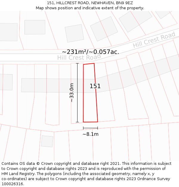 151, HILLCREST ROAD, NEWHAVEN, BN9 9EZ: Plot and title map