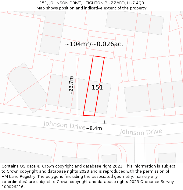 151, JOHNSON DRIVE, LEIGHTON BUZZARD, LU7 4QR: Plot and title map