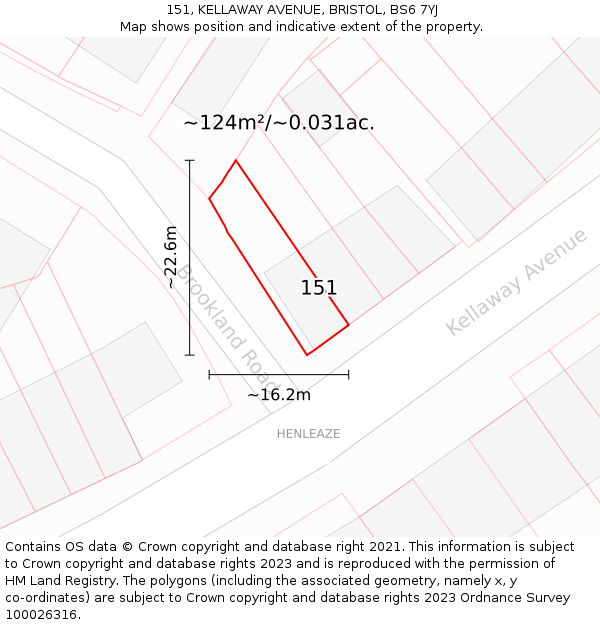 151, KELLAWAY AVENUE, BRISTOL, BS6 7YJ: Plot and title map