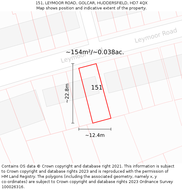 151, LEYMOOR ROAD, GOLCAR, HUDDERSFIELD, HD7 4QX: Plot and title map