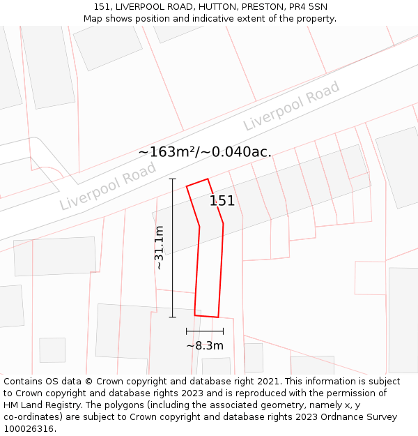 151, LIVERPOOL ROAD, HUTTON, PRESTON, PR4 5SN: Plot and title map