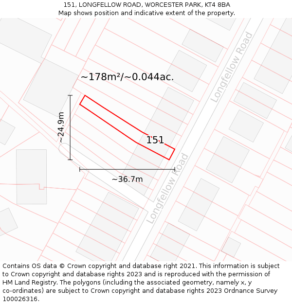 151, LONGFELLOW ROAD, WORCESTER PARK, KT4 8BA: Plot and title map