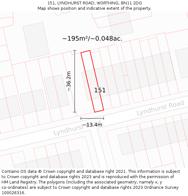 151, LYNDHURST ROAD, WORTHING, BN11 2DG: Plot and title map