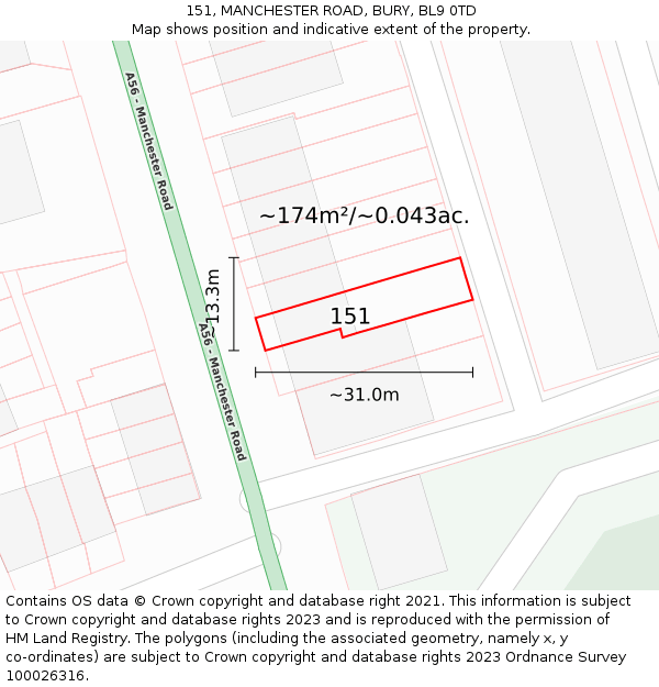 151, MANCHESTER ROAD, BURY, BL9 0TD: Plot and title map