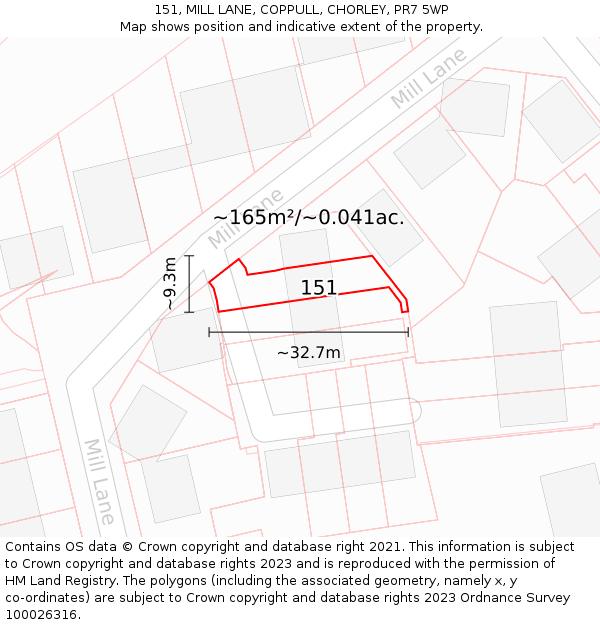 151, MILL LANE, COPPULL, CHORLEY, PR7 5WP: Plot and title map