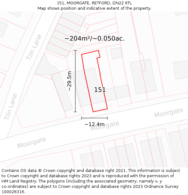 151, MOORGATE, RETFORD, DN22 6TL: Plot and title map
